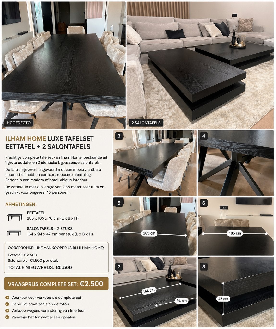 ilham Home luxe tafelset – eettafel + 2 salontafels, Ophalen, Gebruikt