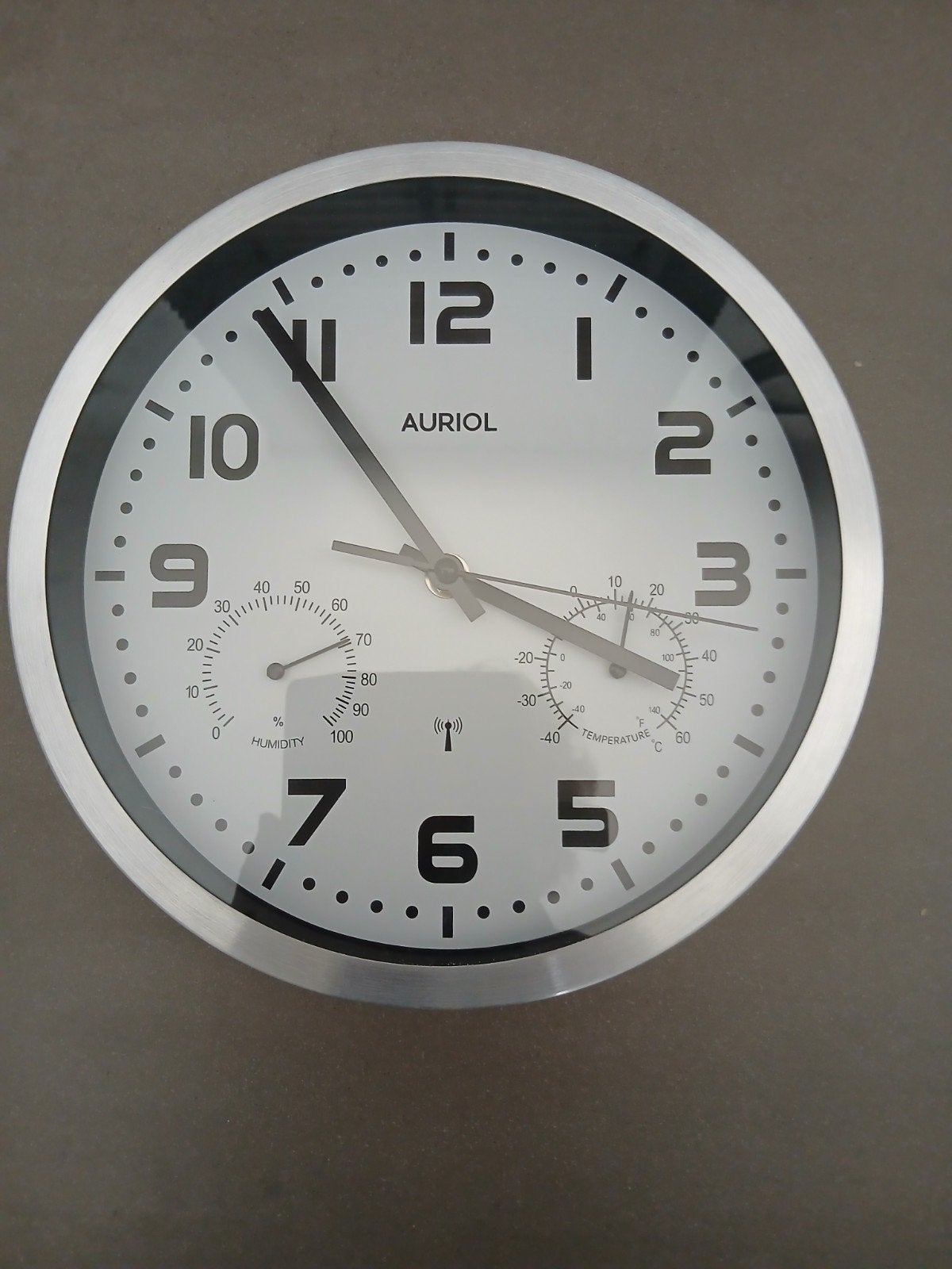 Auriol wandklok met thermometer en hygrometer en zilverkleur, Ophalen of Verzenden, Wandklok