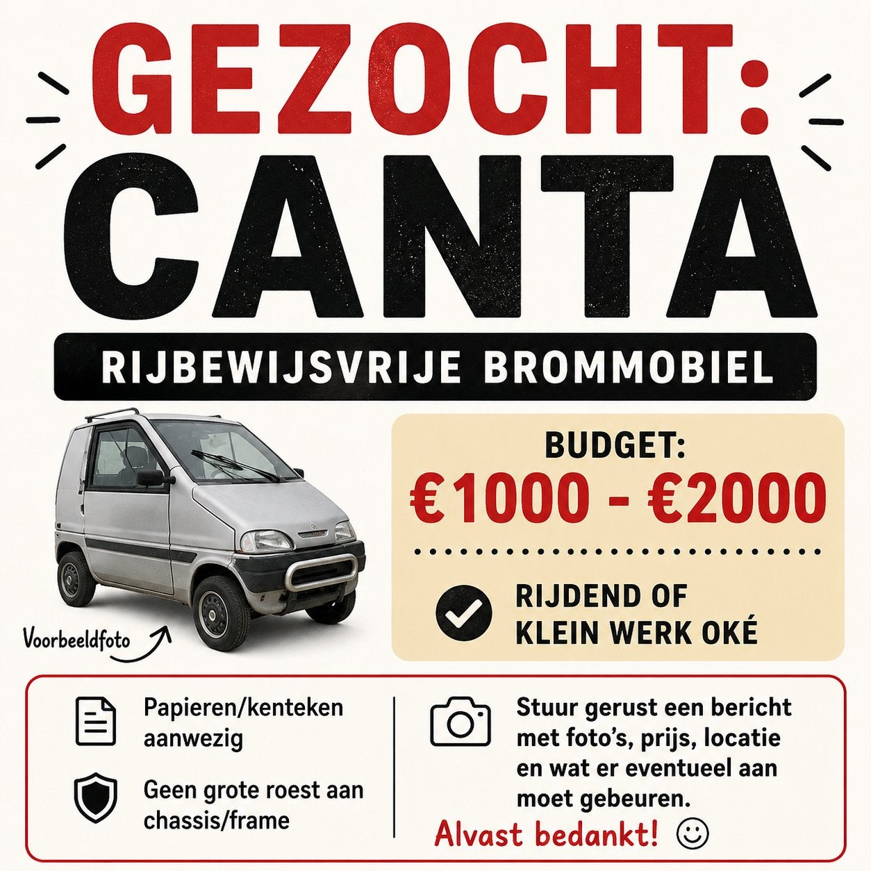 Gezocht: Canta / brommobiel rijbewijsvrij, Fietsen en Brommers, Ophalen, Gebruikt