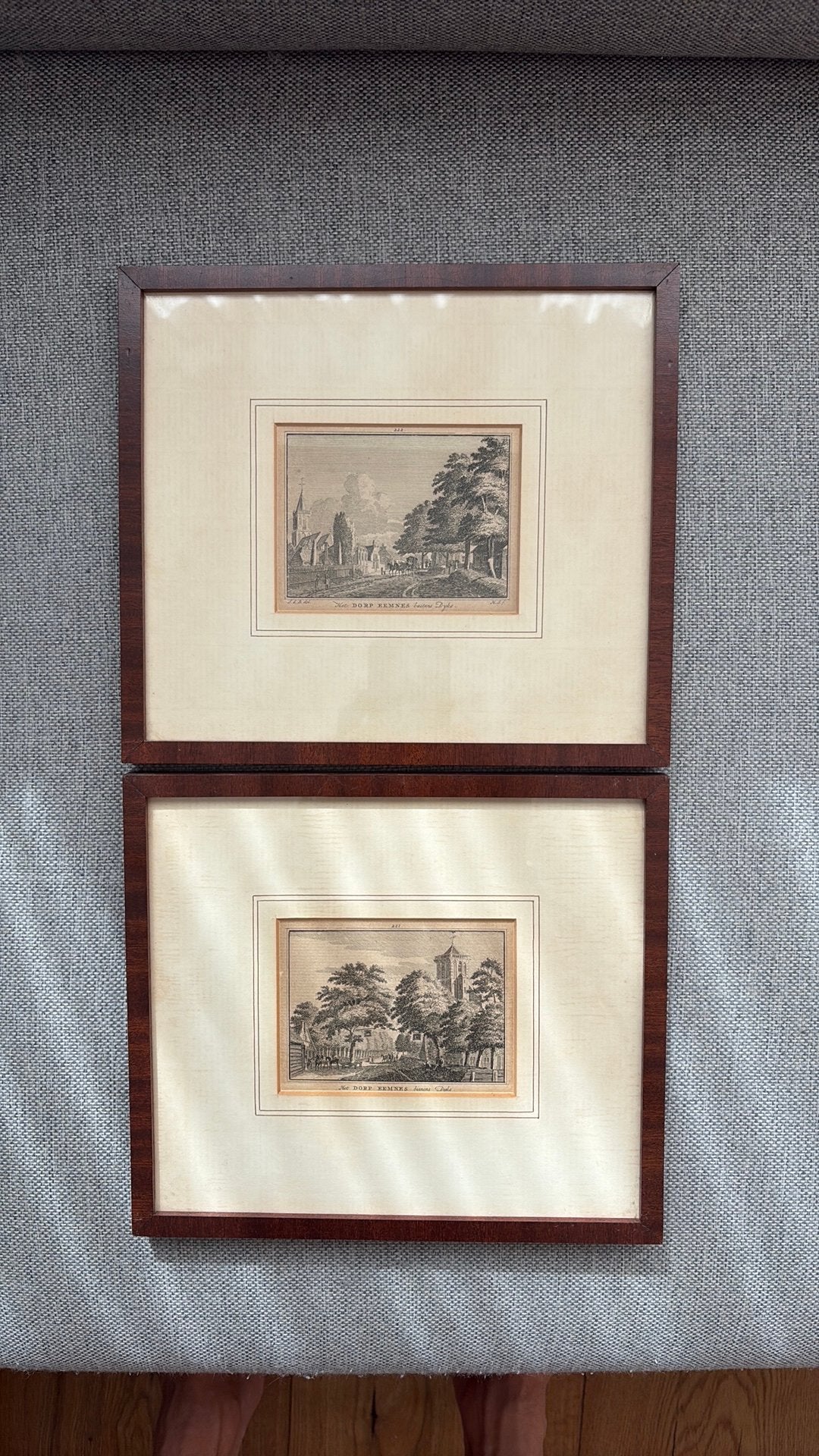 2 antieke 18e eeuws gravures Eemnes - Jan de Beijer /Spilman, Ophalen, Dubbele gravure, 22 cm, Stadsgezicht