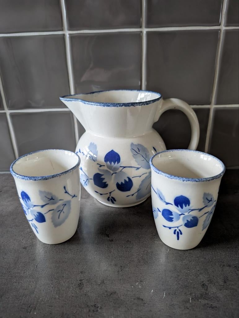 Vintage Steingut Krug en Bekers - Blauw Bloemenpatroon, Ophalen