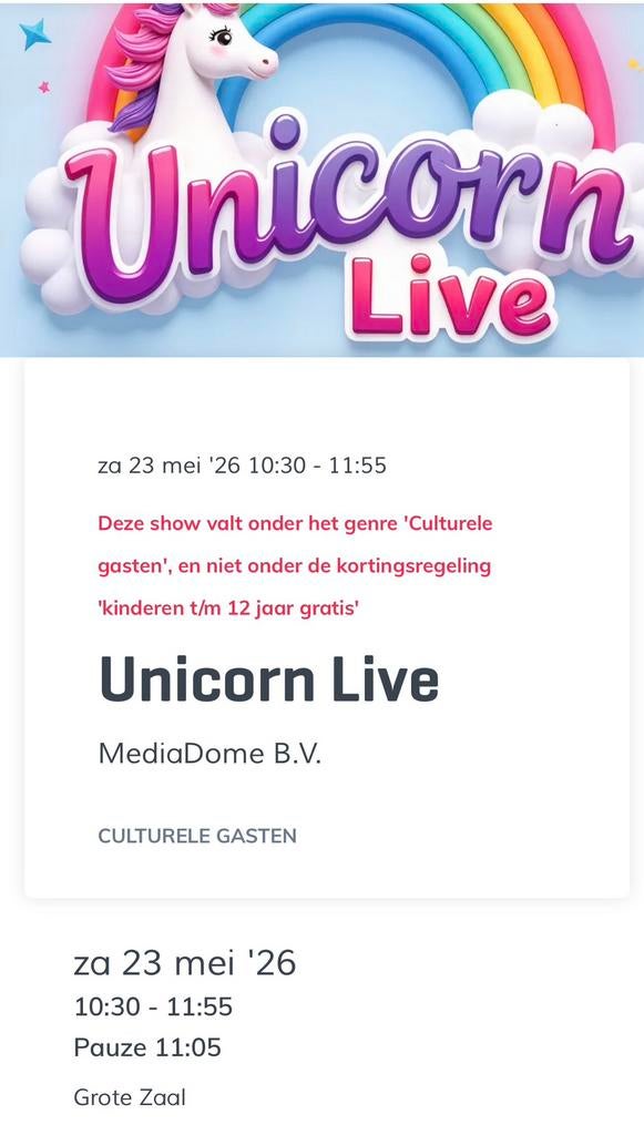 Unicorn Live Show 23-05 Veldhoven 2x, Tickets en Kaartjes, Concerten | Pop, Twee personen, Mei