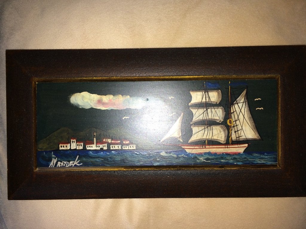 Schilderij varend schip met stadsgezicht op hout (~32x~16cm), Ophalen of Verzenden, Olieverf, Klassiek, Bijzondere lijst
