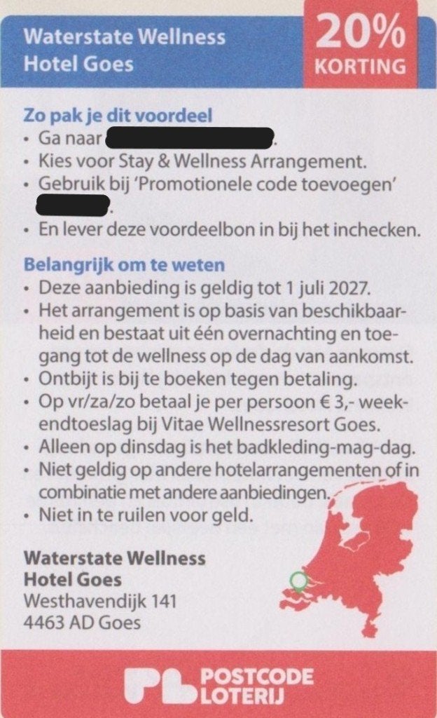 Waterstate Wellness Hotel Goes. 20% korting. Postcode bon., Twee personen, 1 overnachting