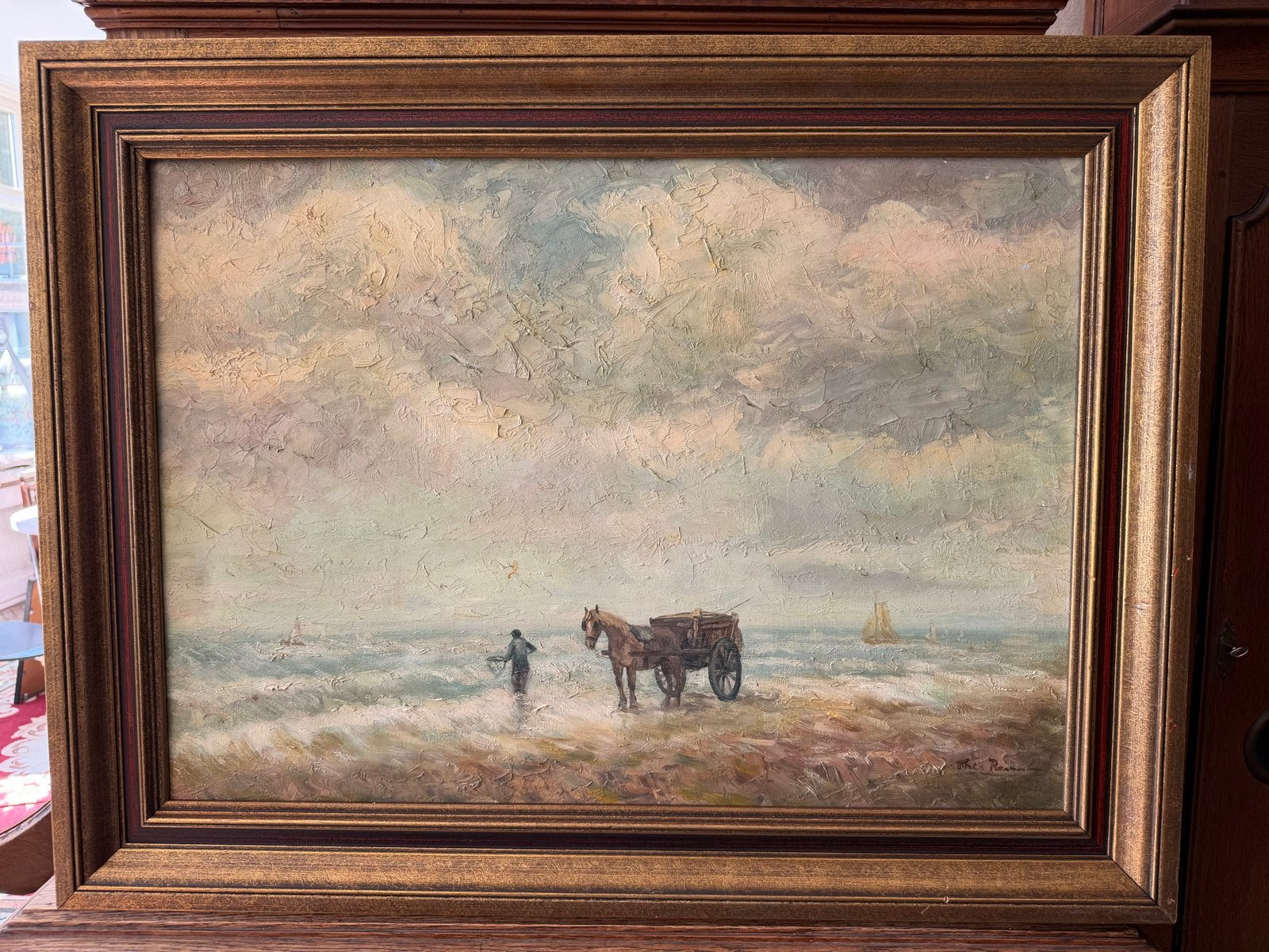 Olieverfschilderij Vissers aan Zee met Paard en Kar, Antiek en Kunst, Maritiem / water, Doek, Realistisch, Ophalen of Verzenden