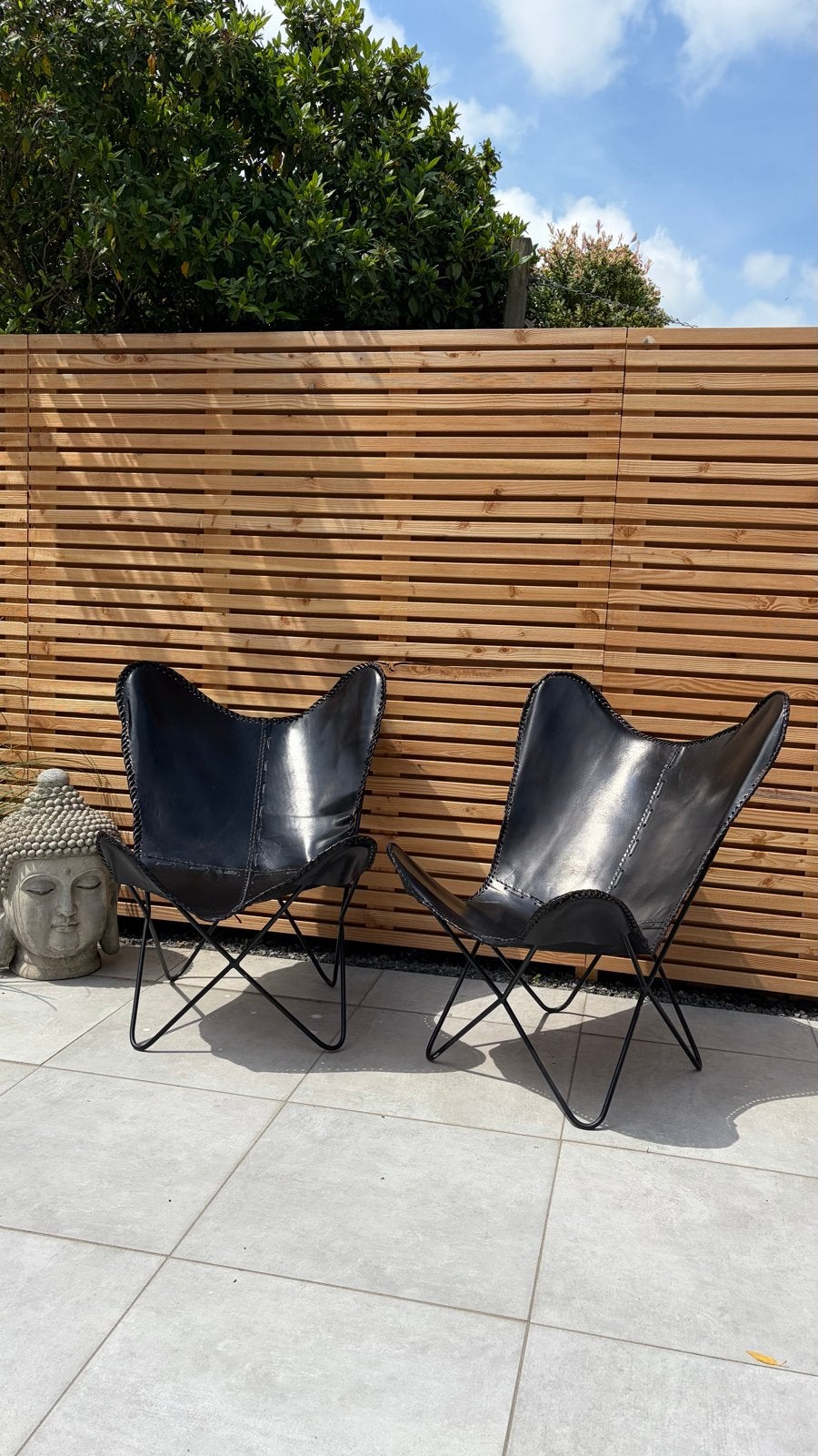 Vlinderstoelen (2x) zwart lederen zitting -en metalen frame, Ophalen, Twee, Zwart, Leer