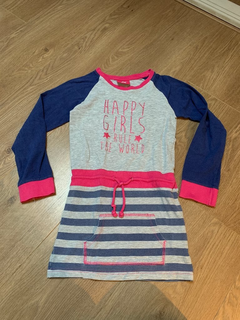 Grijs met roze en blauw jurkje maat 122 / 128, Kinderen en Baby's, Ophalen of Verzenden, Gebruikt, Meisje, Jurk of Rok