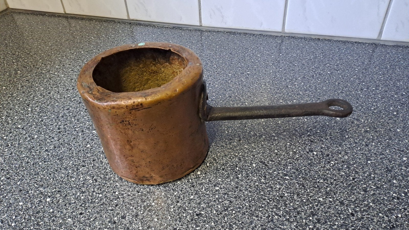 Antieke koperen pan met ijzeren handvat, Antiek en Kunst, Ophalen of Verzenden, Koper