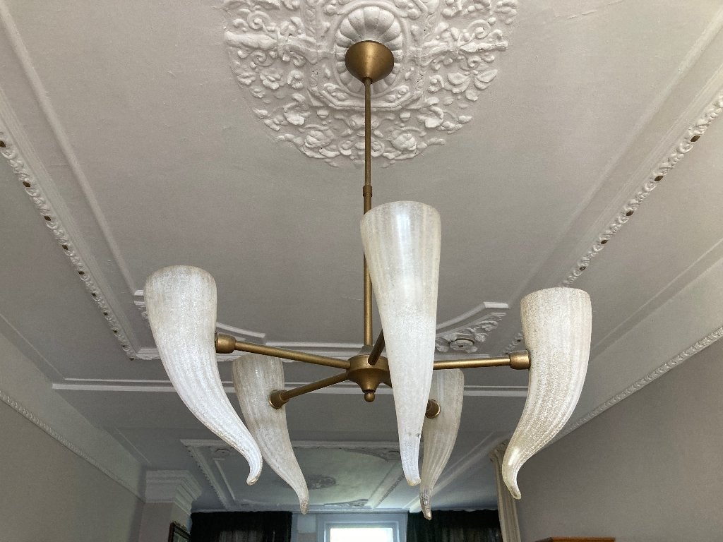 Vintage Murano glazen kroonluchter, 5 armen, Huis en Inrichting, Lampen | Kroonluchters, Ophalen, Zo goed als nieuw, Glas, Vintage, Mid-century Modern, Italiaans Design