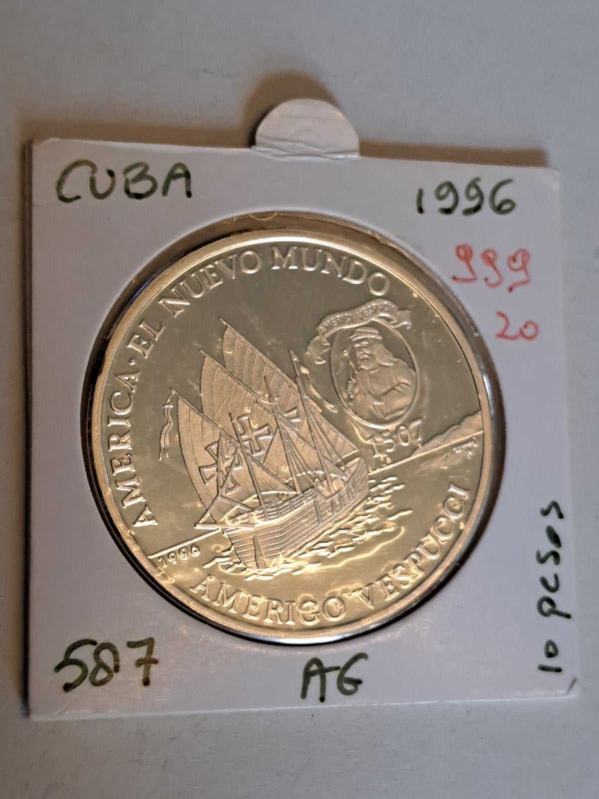 Cuba 10 pesos 1996 Amerigo Vespucci, Ophalen of Verzenden, Midden-Amerika, Losse munt, Zilver