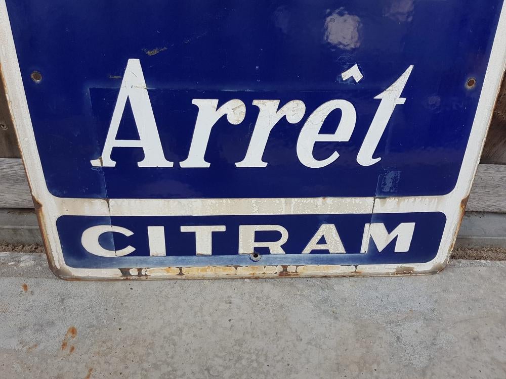 Origineel, oud en zwaar emaille bus bord uit Frankrijk., Reclamebord, Gebruikt, ., Ophalen of Verzenden