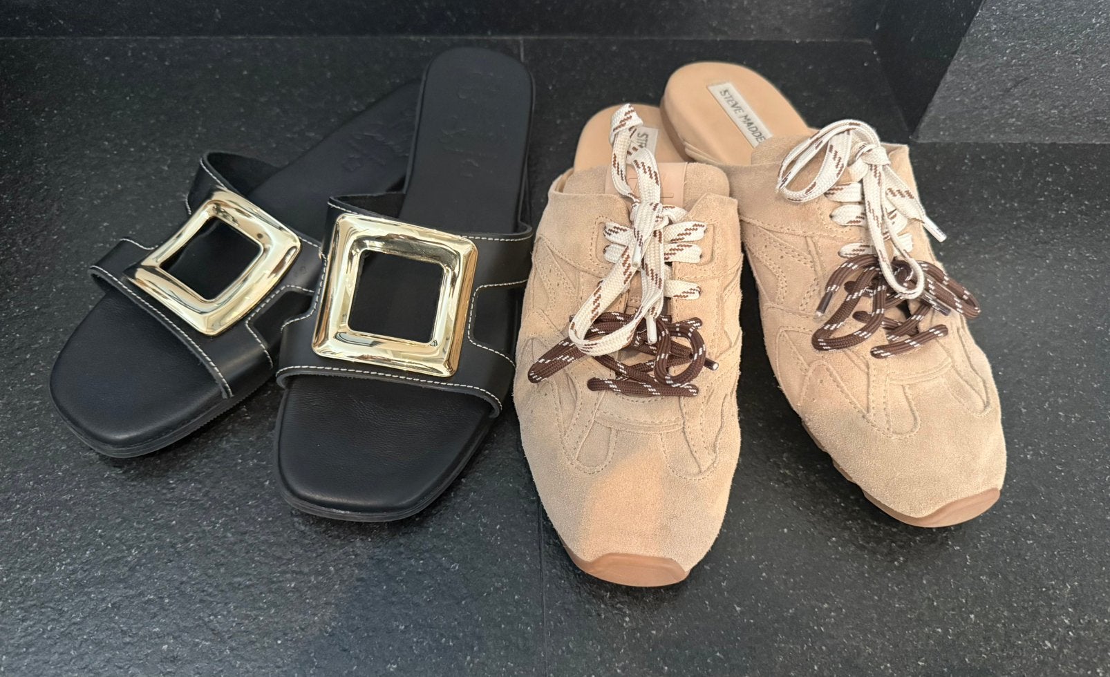 2 paar nog hele nette slippers steve madden /oh my sandal, Ophalen of Verzenden, Zo goed als nieuw, Zwart
