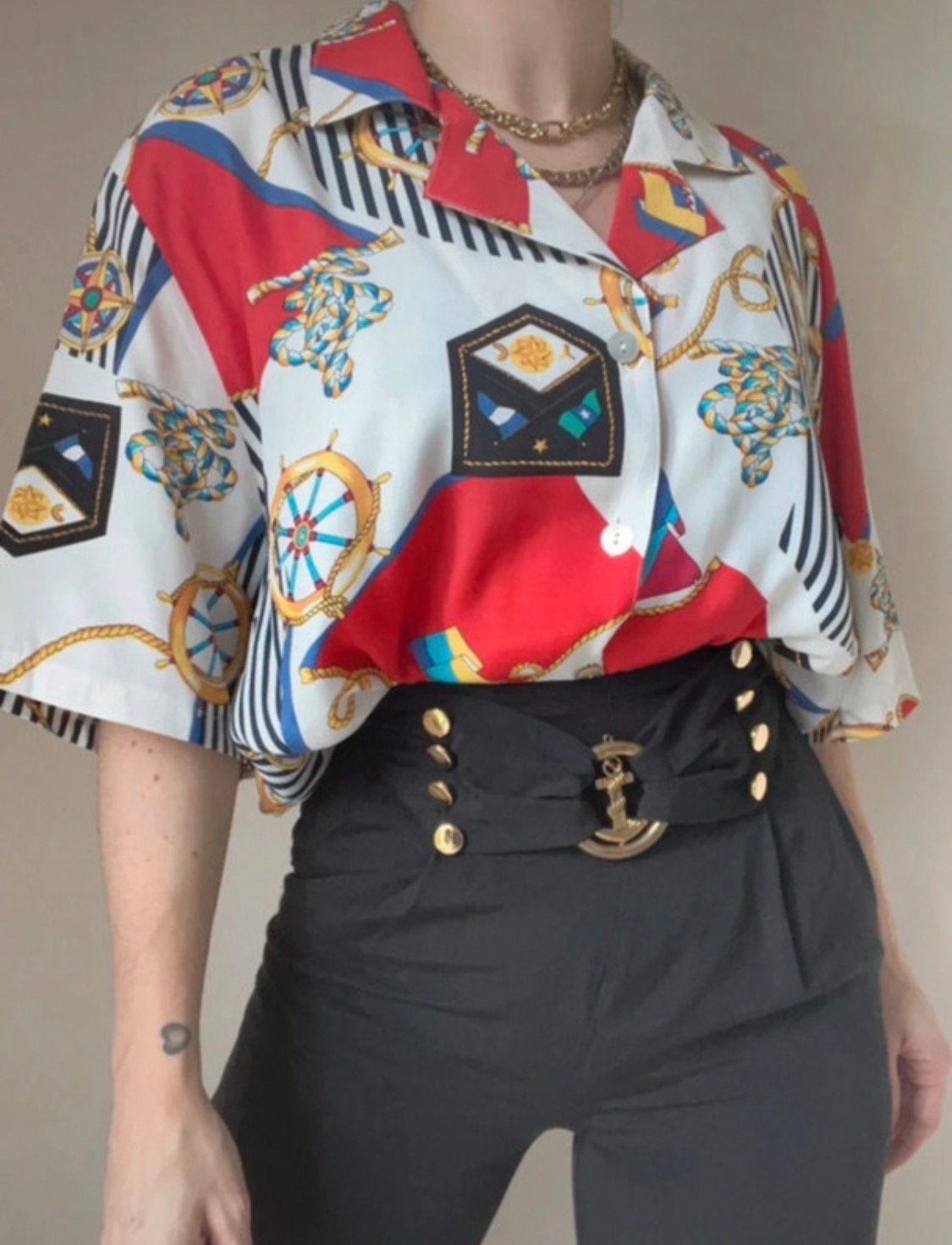 90s vintage print blouse, XL. Sailor statement unisex, Maat 46/48 (XL) of groter, Vintage, Gedragen, Meerkleurig