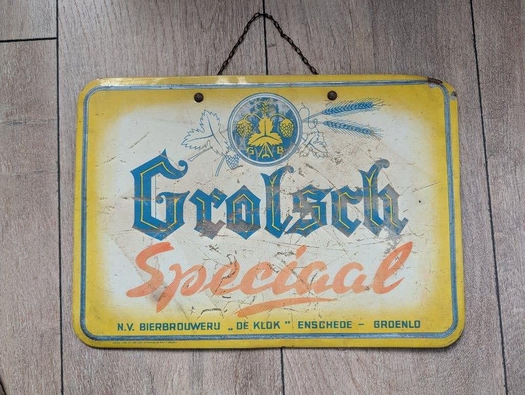 Oud Grolsch Speciaal reclamebord - Rob Otten Brussel, Ophalen of Verzenden, Gebruikt, Reclamebord, Plaat of Schild, Grolsch