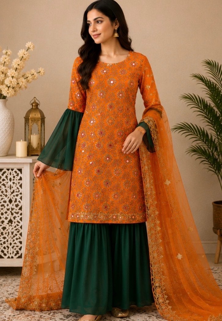 Prachtige Indiase Sharara Set - Oranje & Groen, Maat 42/44 (L), Oranje, Ophalen of Verzenden, Zo goed als nieuw