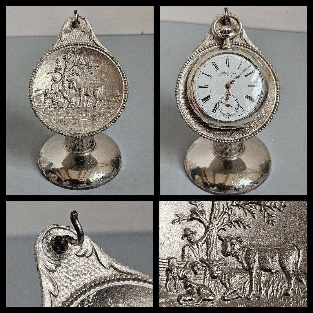 Porte montre, zakhorlogehouder met boerentafereel, Ophalen of Verzenden