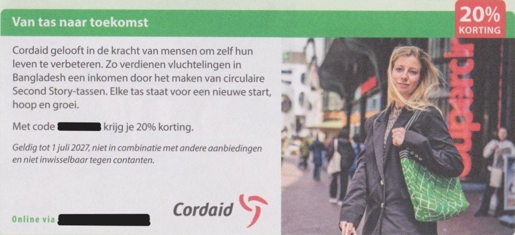 Van tas naar toekomst. 20% korting. Postcodeloterij bon., Eén persoon, Kortingsbon, Warenhuis- of Winkelbon
