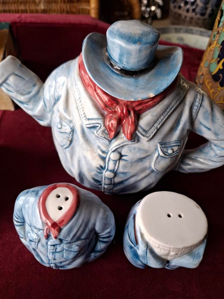 Retro unieke theepot en peper & zoutstel "cowboy" 1970, Verzamelen, Retro, Ophalen of Verzenden, Huis en Inrichting