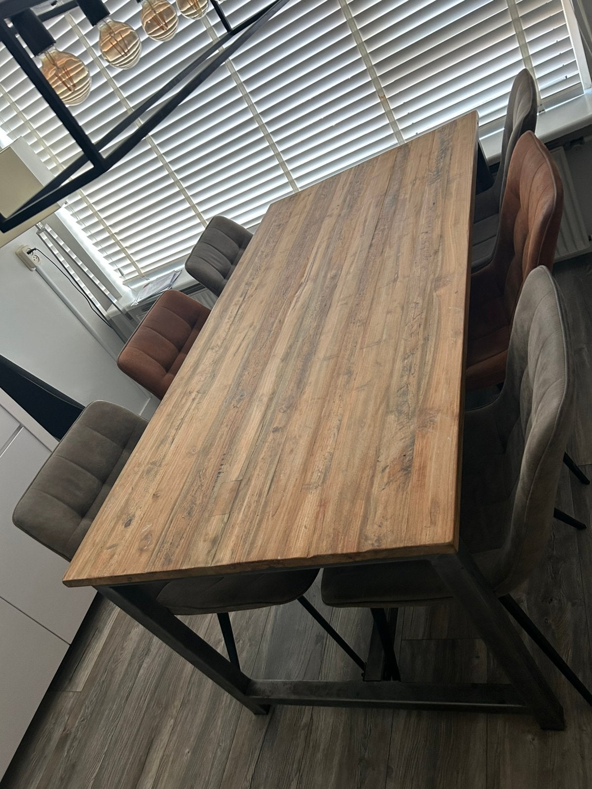 Eethoek tafel industrieel incl 6 stoelen, Ophalen, Teakhout, 50 tot 100 cm, Zo goed als nieuw