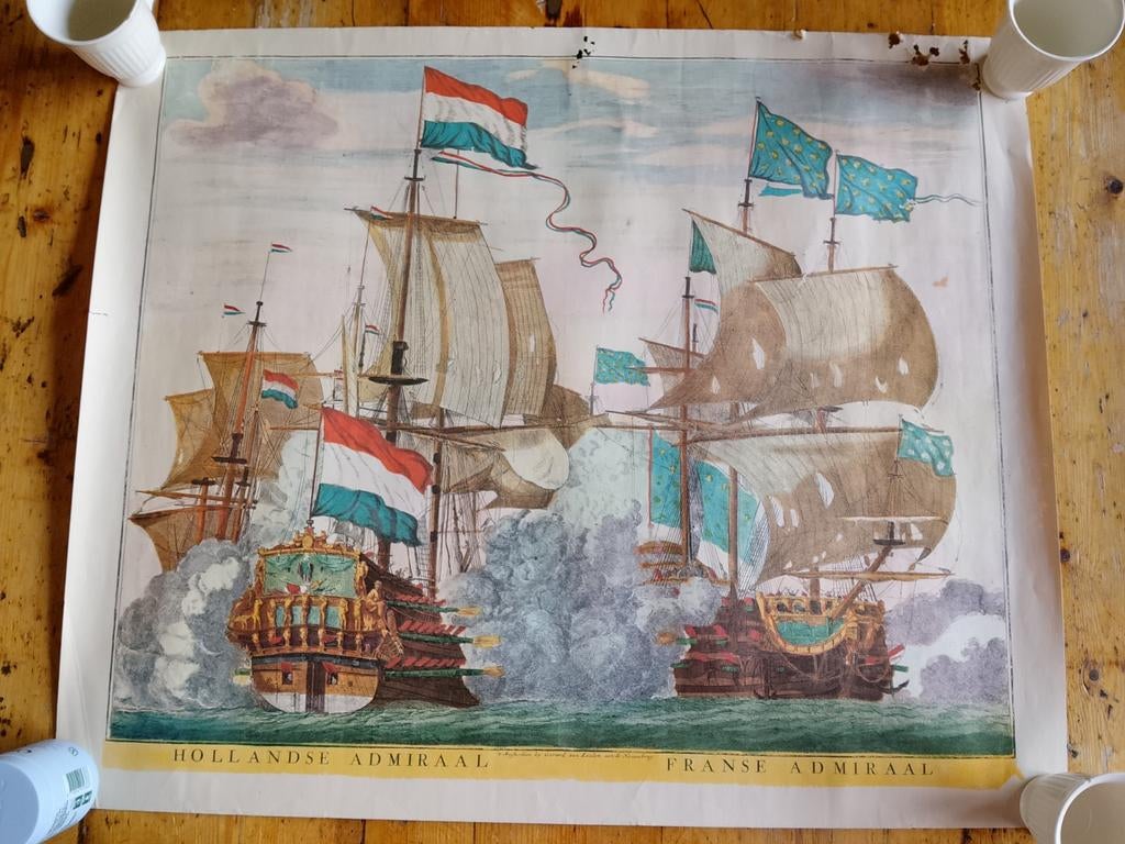 Oude prent van zeeslag tussen Hollandse en Franse admiraal, Ophalen of Verzenden