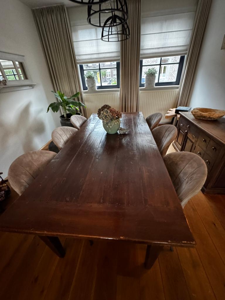 Teakhouten eettafel met 6 stoelen, Ophalen, Gebruikt, 100 tot 150 cm, Teakhout