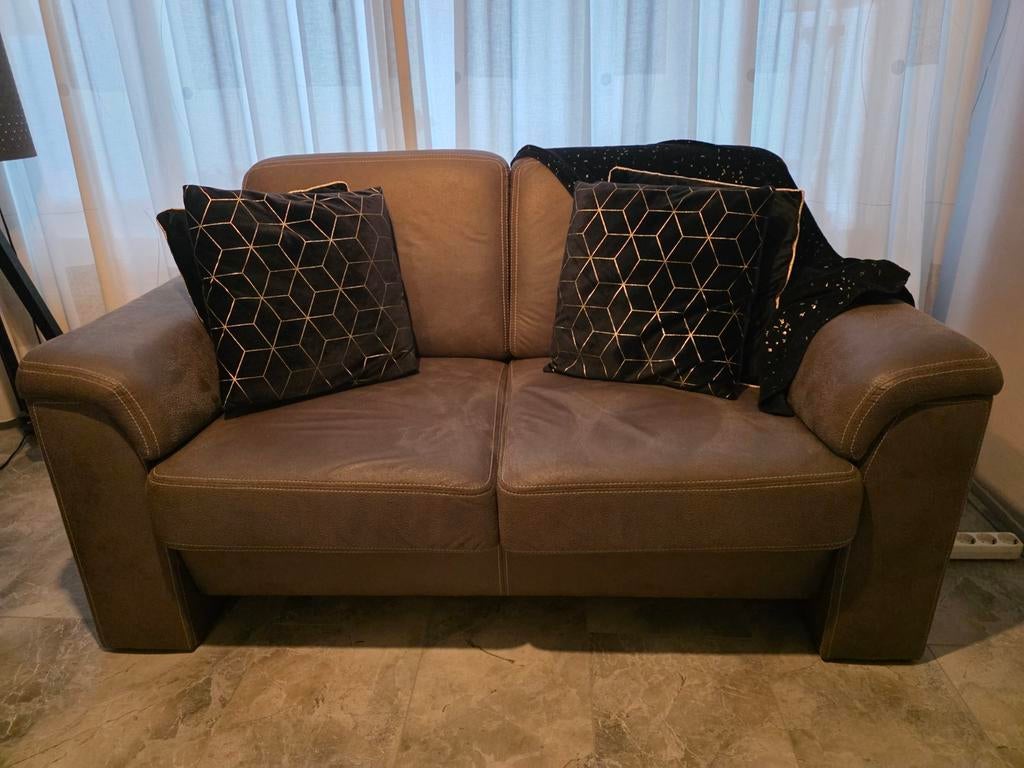 Van Gils Bankstel van bruin/grijs skai leer 2.5 + 3, Huis en Inrichting, Banken | Bankstellen, Gebruikt, 75 tot 100 cm, Leer, Ophalen