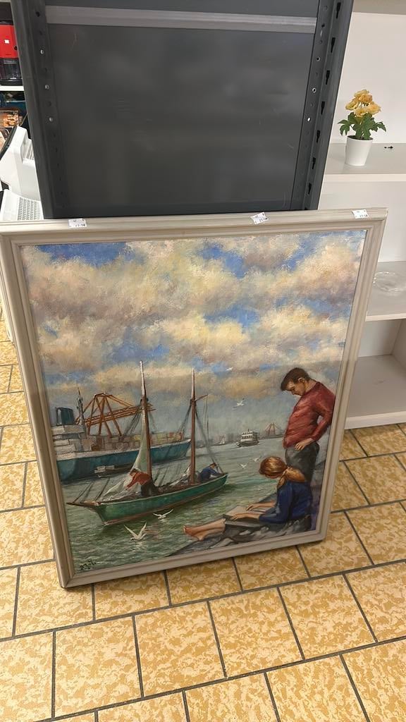 Schilderij haven met boten en mensen – ingelijst, Antiek en Kunst, Kunst | Schilderijen | Klassiek, Ophalen