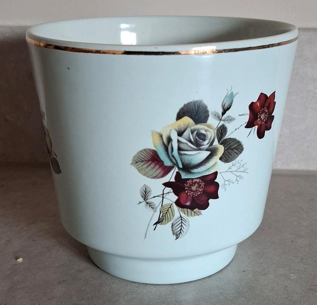 Vintage Frankton Tegelen Bloempot Lichtblauw met Rozen, Rond, Binnen, Ophalen of Verzenden, Zo goed als nieuw
