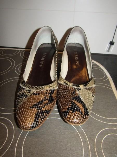 G731 Maripé mt 38 pumps bruin beige slang snake leder leer, Pumps, Bruin, Ophalen of Verzenden, Zo goed als nieuw