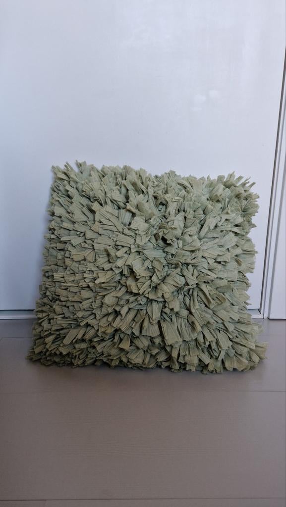 Lichtgroen kussen van franjes, Ophalen of Verzenden, Zo goed als nieuw, Groen, Vierkant