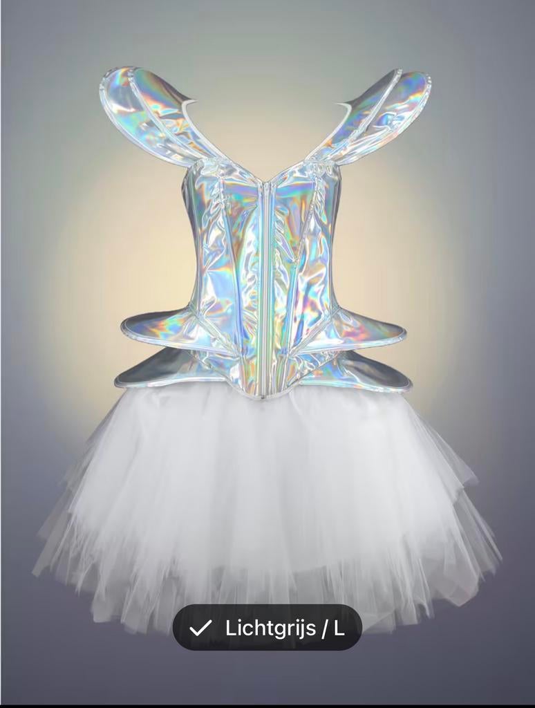Carnavalsoutfit, Cyberpunk Stijl Zilveren Korset + Tule Rok, Maat 38/40 (M), Carnaval, Nieuw, Ophalen of Verzenden