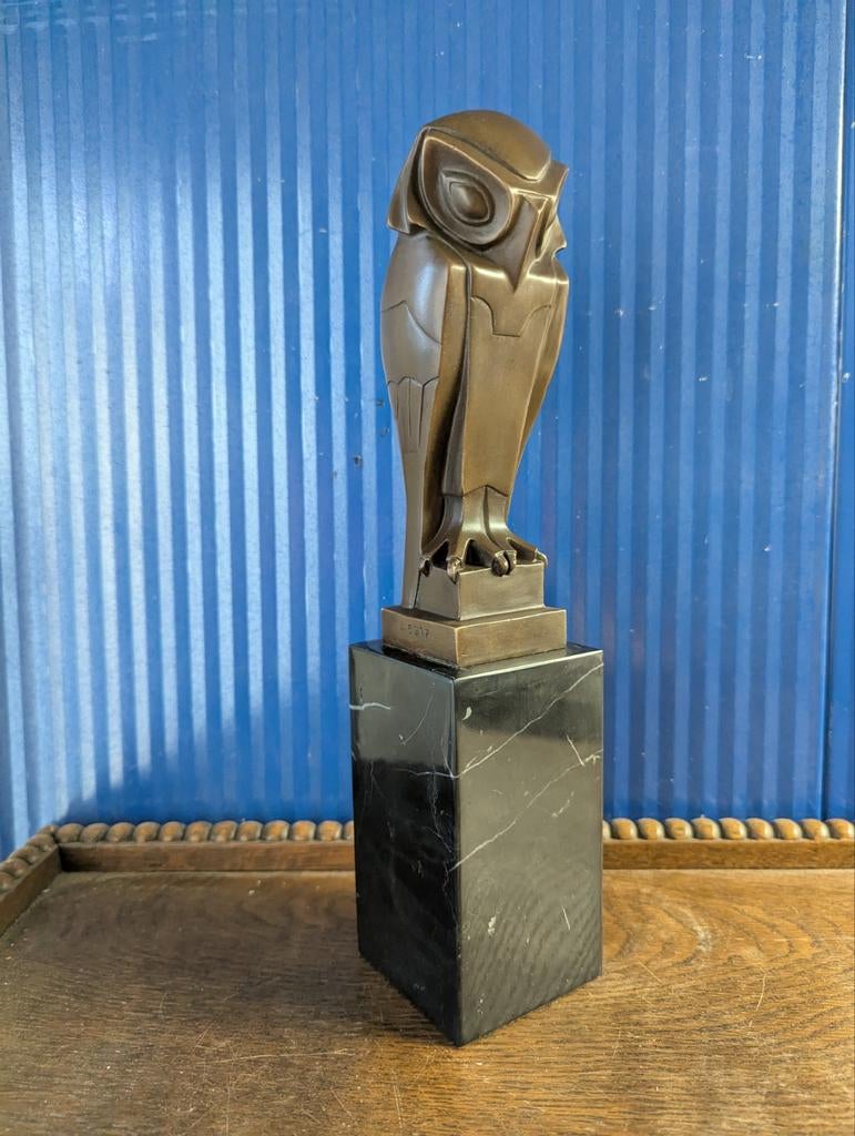 Bronzen Art Deco Uil op Marmeren Voet, Antiek en Kunst, Ophalen of Verzenden