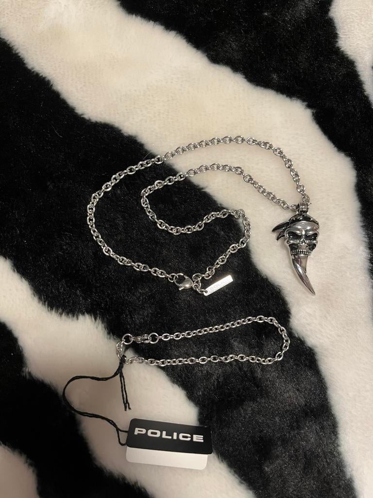 Herenketting Police doodshoofd met tand, Sieraden, Tassen en Uiterlijk, Kettingen, Nieuw, Overige materialen, Zilver, Met hanger