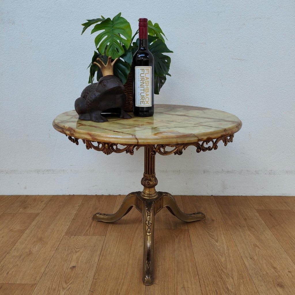 Vintage Regency ronde salontafel met marmer onyx blad 65cm, Valkenswaard, Gebruikt, 50 tot 100 cm, Info@flashbackfurniture.nl