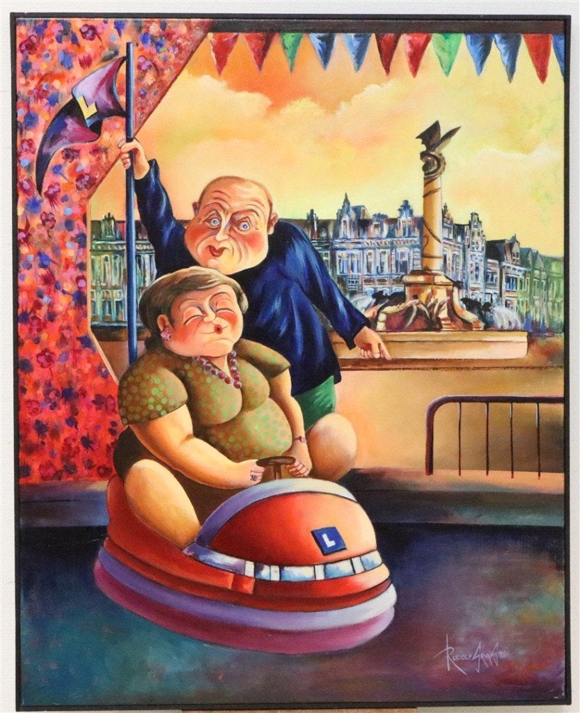 Groot olieverfschilderij op doek/Rudolf Gras, Ophalen, Figuren, Ingelijst, Olieverf