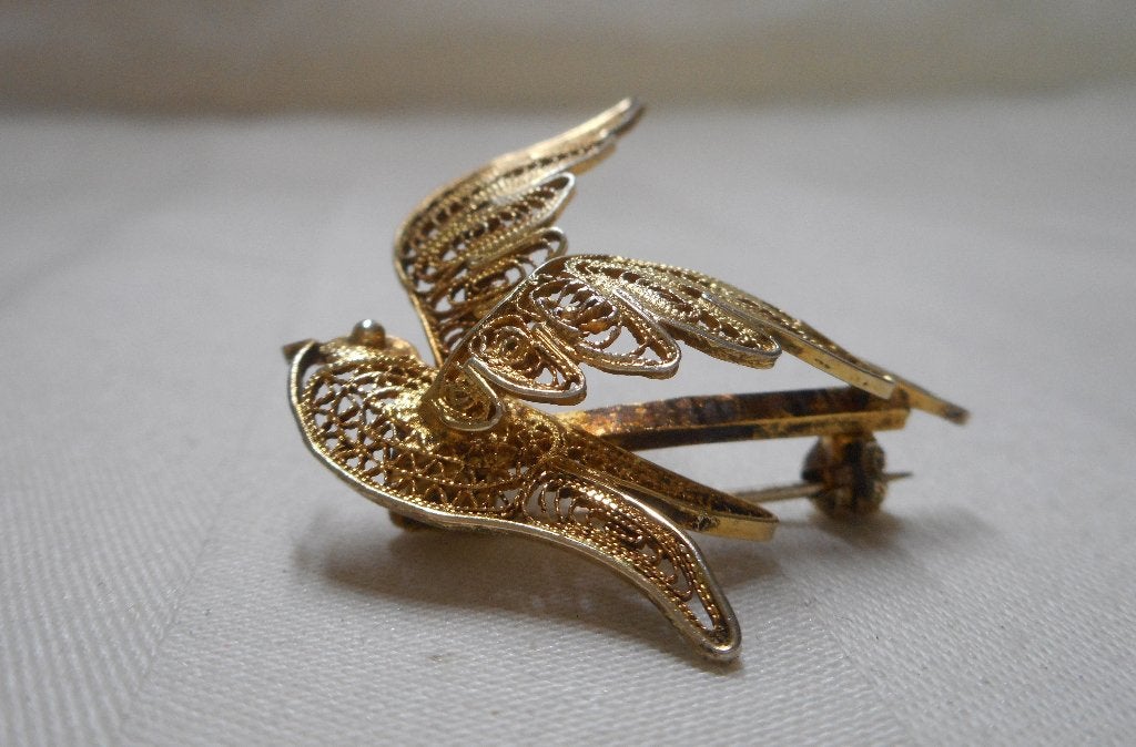 Zilveren goud verguld broche vogel nr.710, Verzenden, Minder dan 4 cm, Zo goed als nieuw, Goud