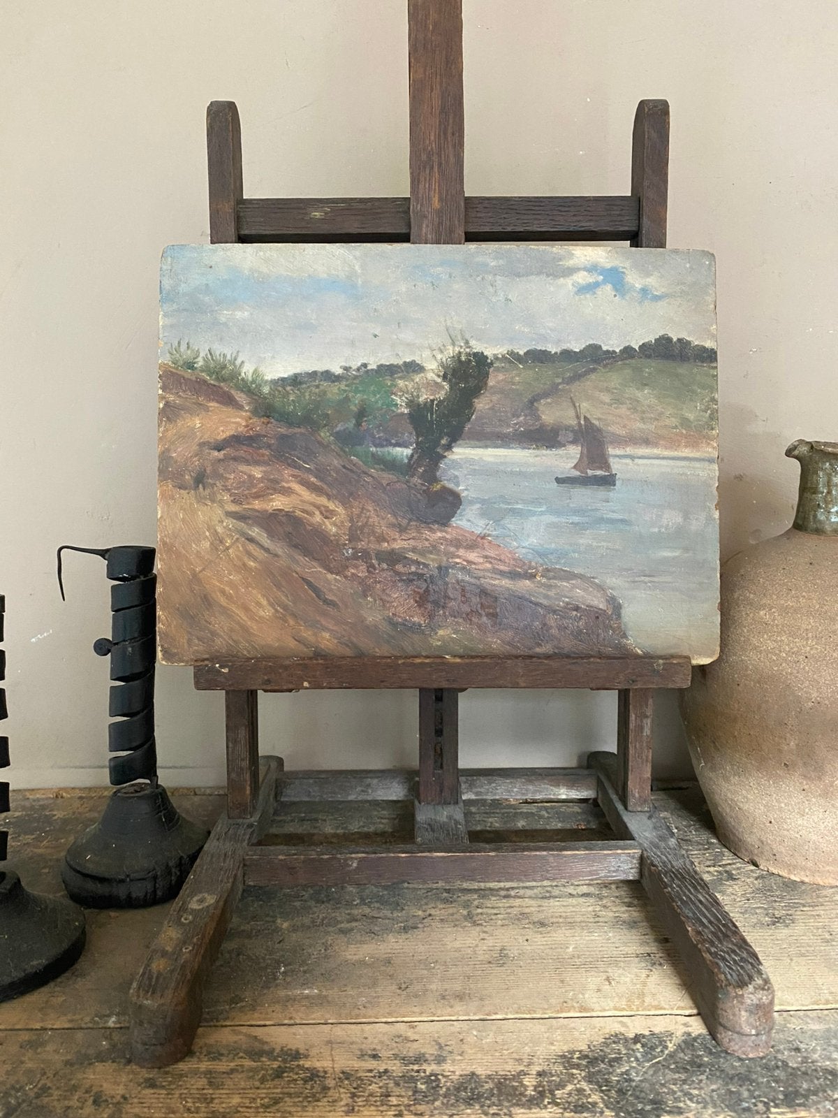 Antiek frans schilderij, rivier landschap, Ophalen of Verzenden
