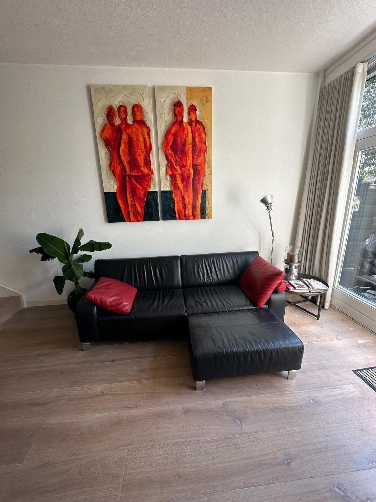 Leolux B‑Flat designbank in zwart leer incl. voetenbank, Ophalen, Modern design, 100 tot 125 cm, Driepersoons