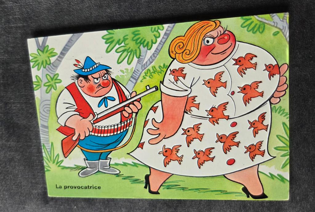 Man gaat jagen met dikke vrouw in vogeltjes jurk, Verzenden, Gelopen, Overige thema's