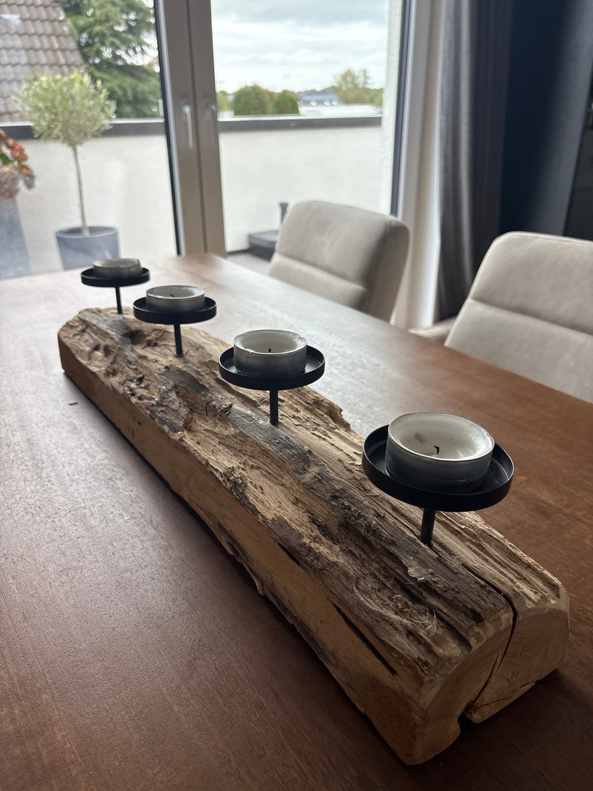 Unieke houten waxinelichthouder voor 4 kaarsen, Ophalen, Bruin, Waxinelichthouder, Zo goed als nieuw