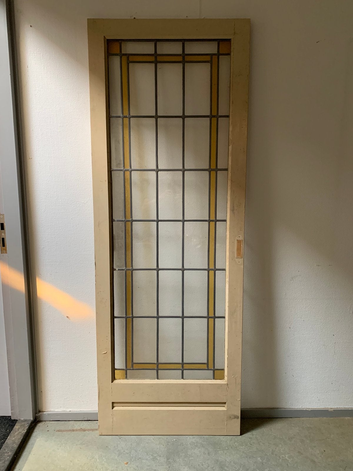 Stompe deur grenen met glas in lood, Ophalen, Minder dan 80 cm, Binnendeur, 200 tot 215 cm