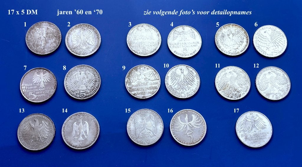 17x 5 DM BrD '69 tm '71 / '73 tm '79 Zilveren Deutsche Mark, Ophalen, Duitsland, Losse munt, Zilver