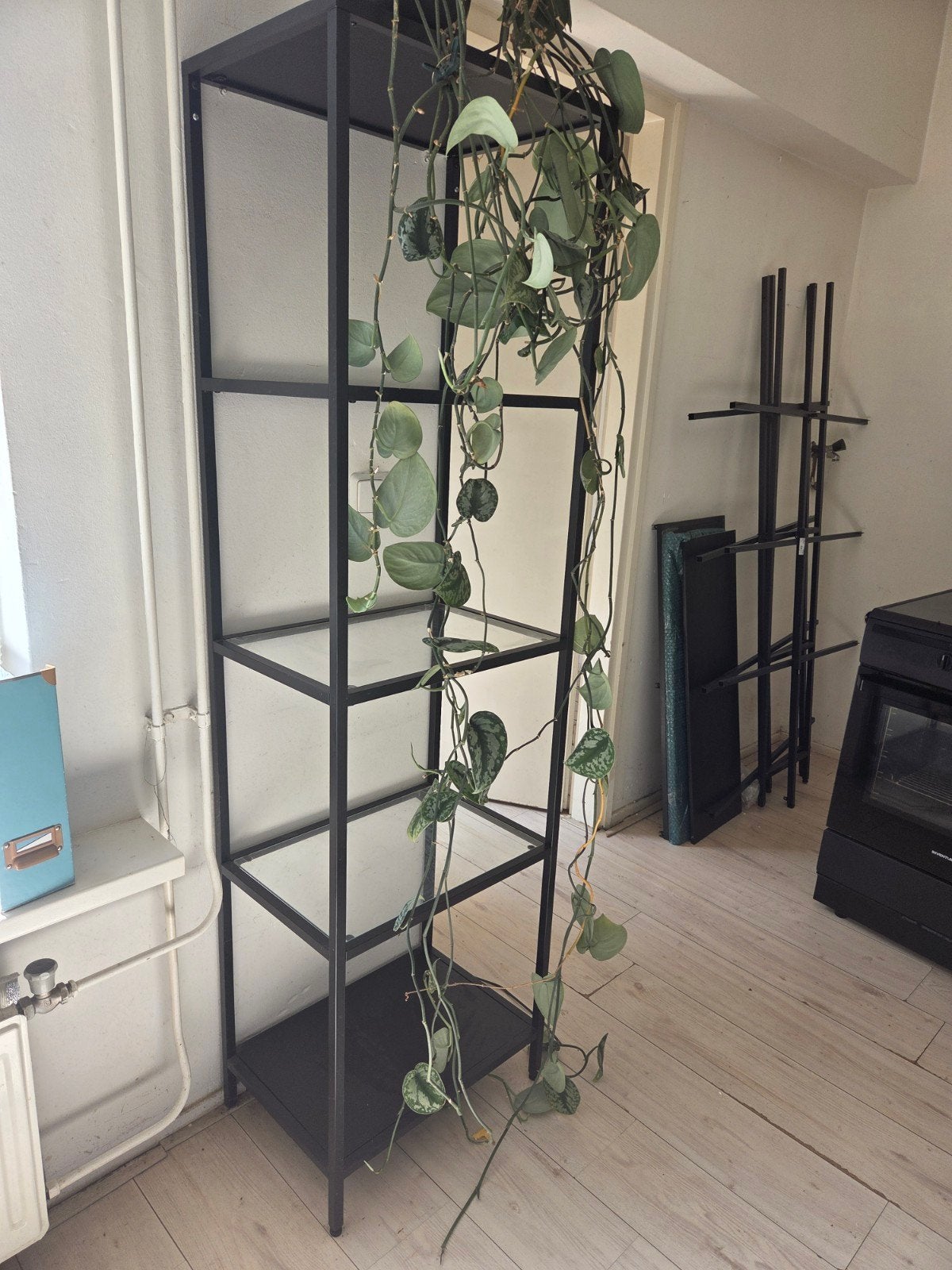 Zwart Ikea stellingkast met glazen planken, Ophalen, Gebruikt