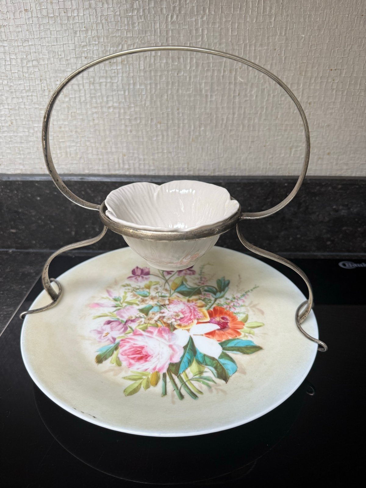 Verzilverde etagère voor bord en kommetje., Antiek en Kunst, Ophalen of Verzenden, Zilver