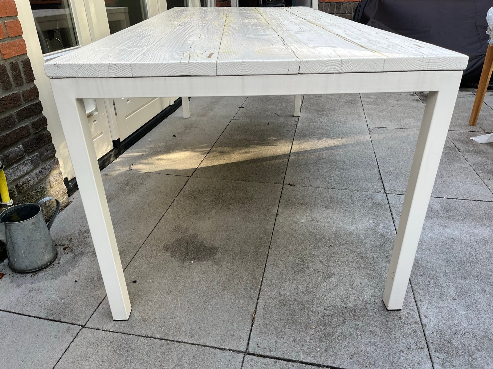 Robuuste tuintafel van steigerhout en metaal, Tuin en Terras, Ophalen, Gebruikt, Rechthoekig, Hout