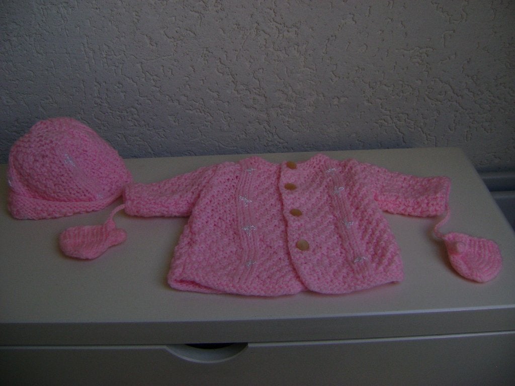3del wollen roze jasje met muts en wantjes maat 50/56, Ophalen of Verzenden, Zo goed als nieuw, Meisje, Setje