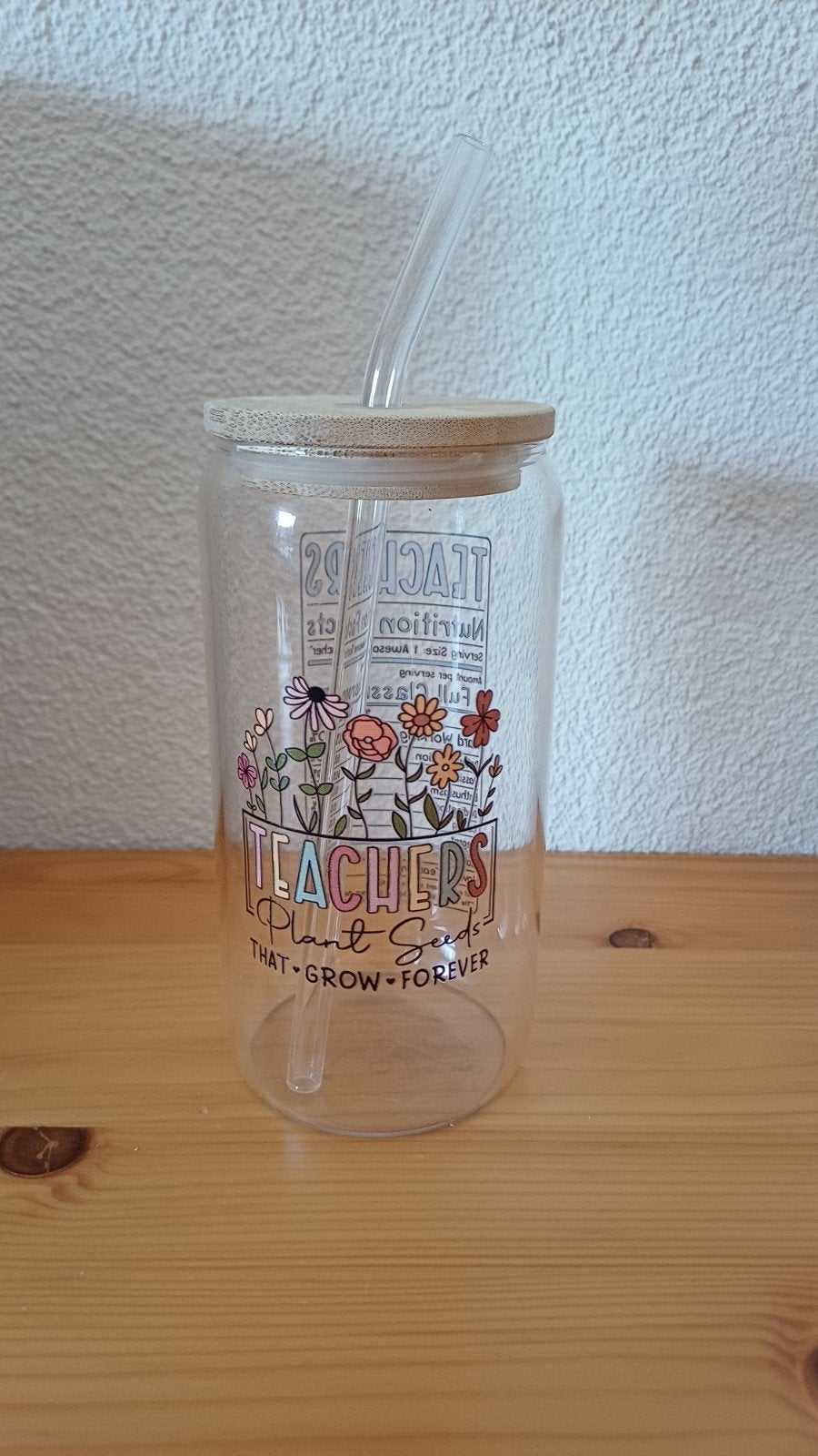Glazen beker met houten deksel en rietje - leerkracht cadeau, Huis en Inrichting, Ophalen, Zo goed als nieuw, Meerkleurig, Overige merken