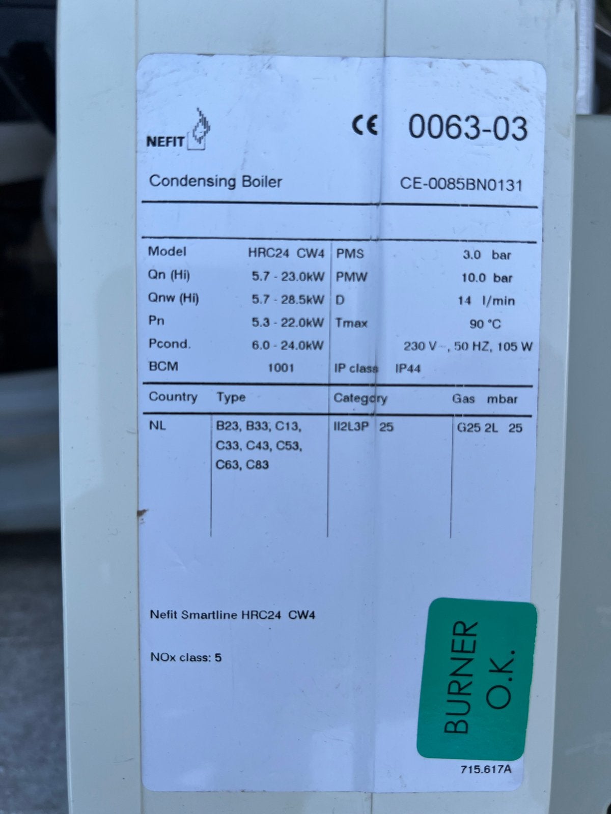 Nefit Smartline HRC24 CW4 Condensatieketel, Ophalen, Gebruikt, Hoog rendement (Hr), Cv-ketel of Combi-ketel