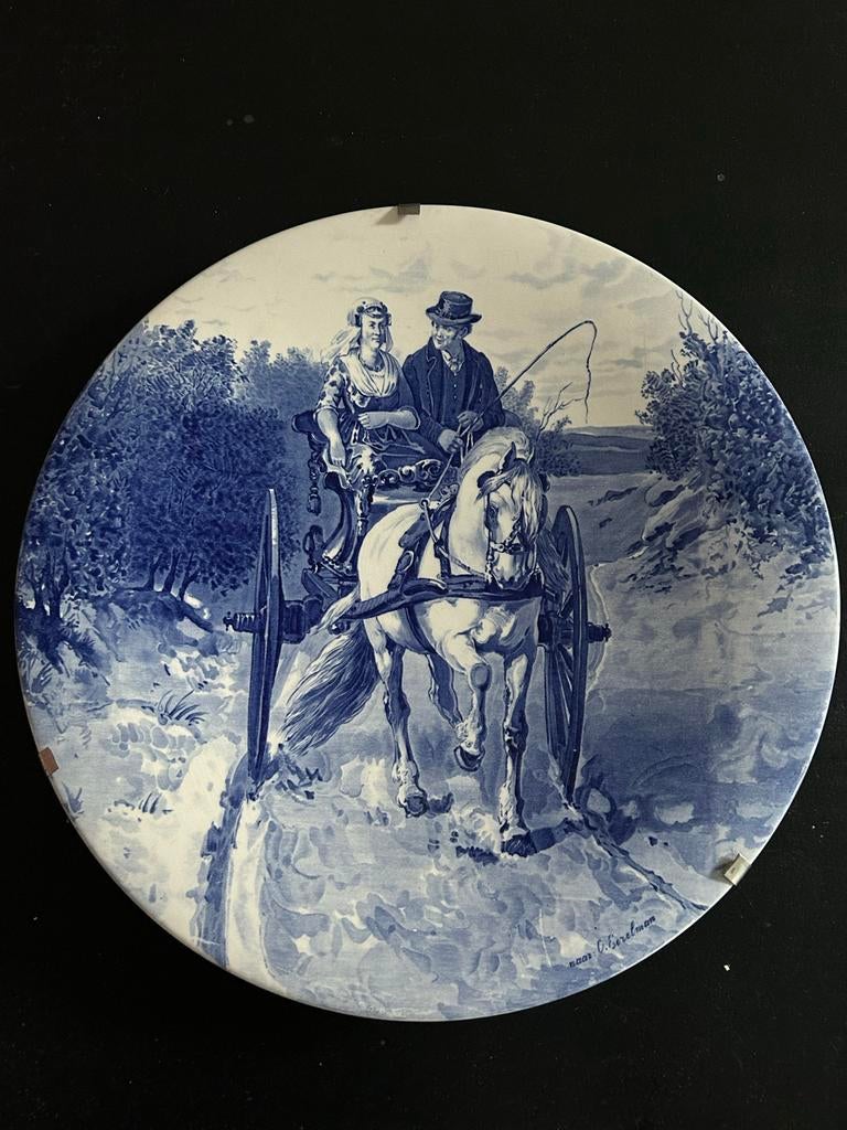Delfts blauw wandbord met koets en paard, Antiek en Kunst, Antiek | Wandborden en Tegels, Ophalen of Verzenden