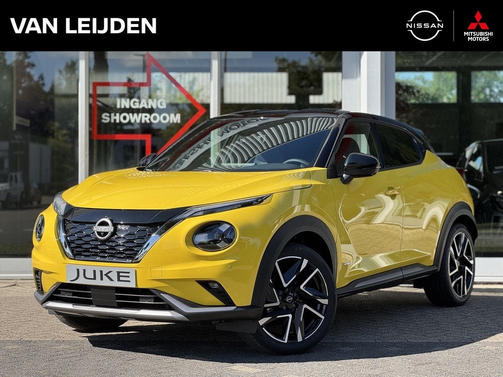 NISSAN Juke Hybrid 143pk N-Design | NIEUW | Navigatie | App, Auto's, Nissan, Automaat, Stof, Zwart, Geel